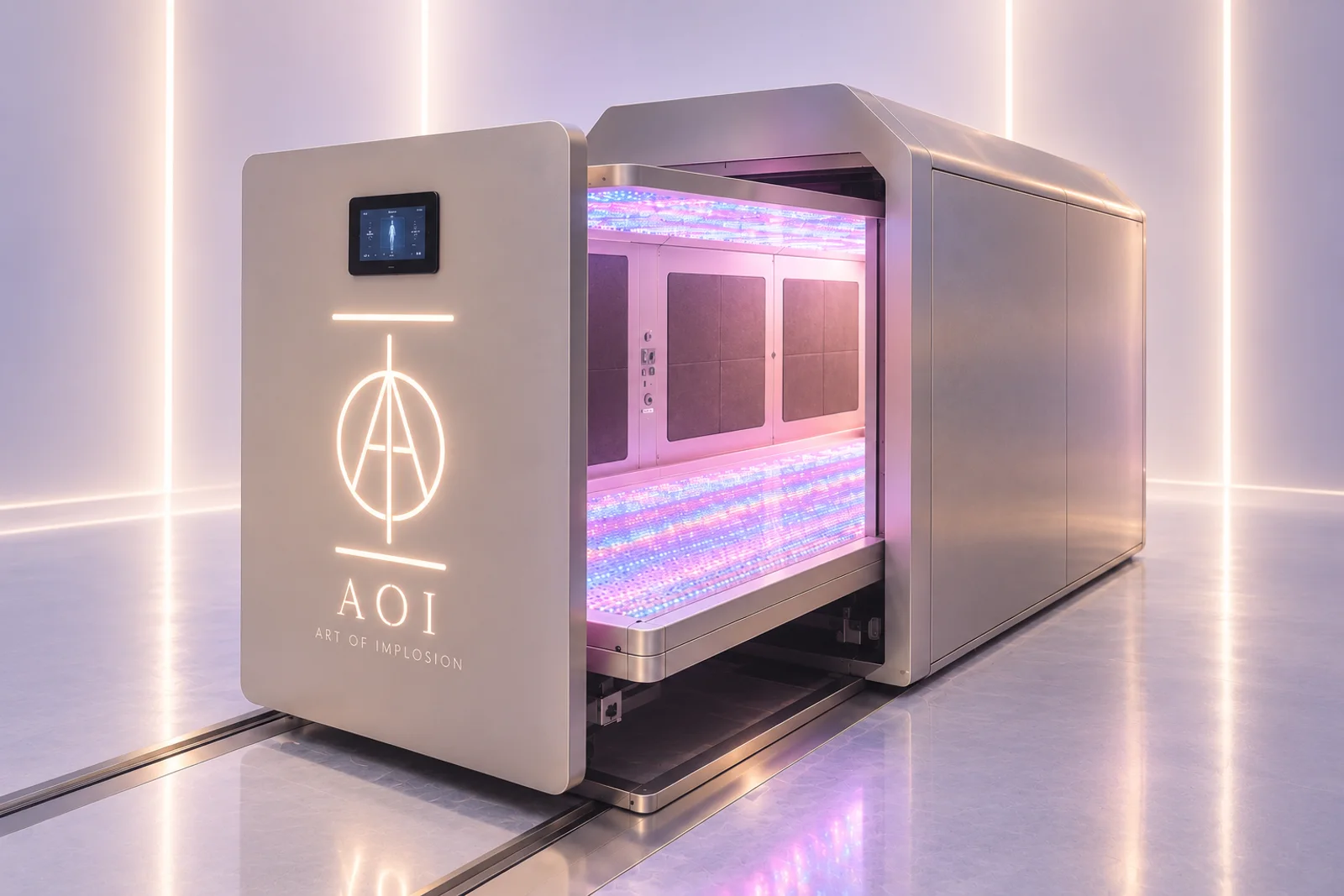 The AOI Earth chamber in a studio lit by vertical lines of light, its lying-down bed drawn out and glowing pink and blue