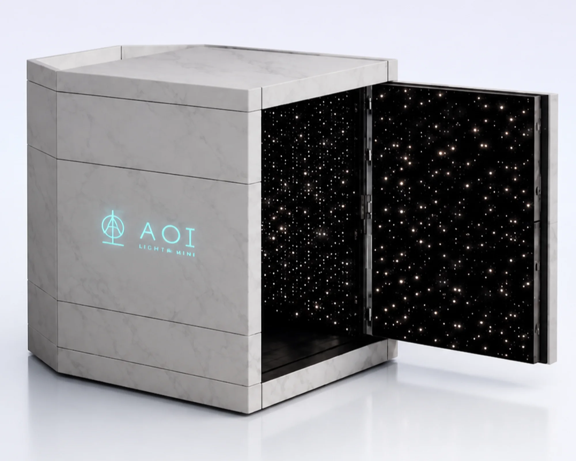 The AOI Light Mini, a compact white chamber with its door open on a wall of starlight LEDs
