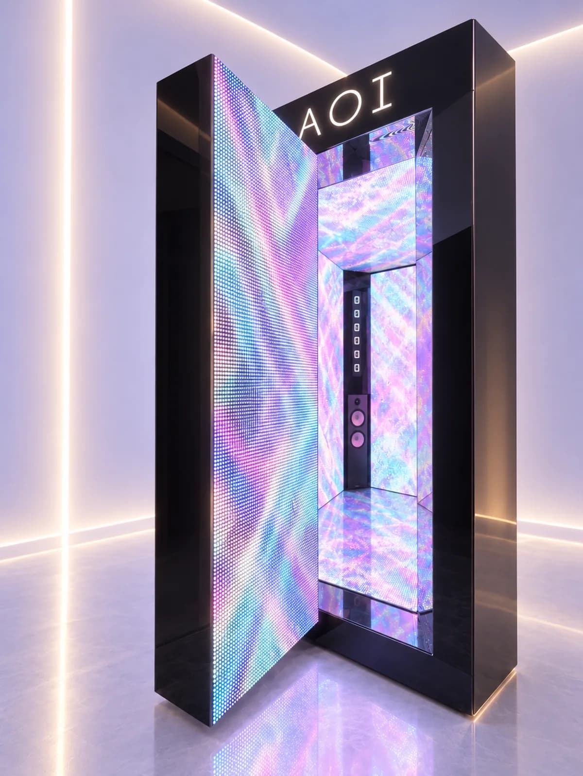 An AOI chamber in black with its holographic door swung open, AOI lit above the entrance, standing in a studio lined with light