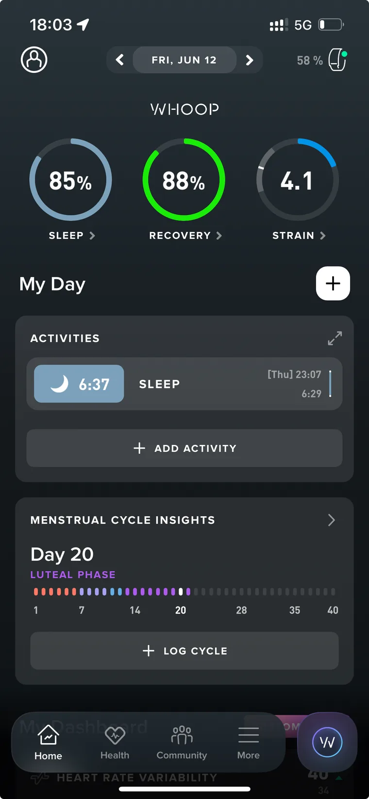 WHOOP recovery 88% on Jun 12