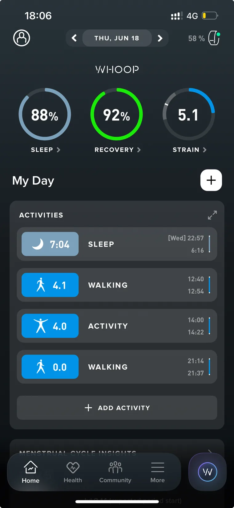 WHOOP recovery 92% with 88% sleep