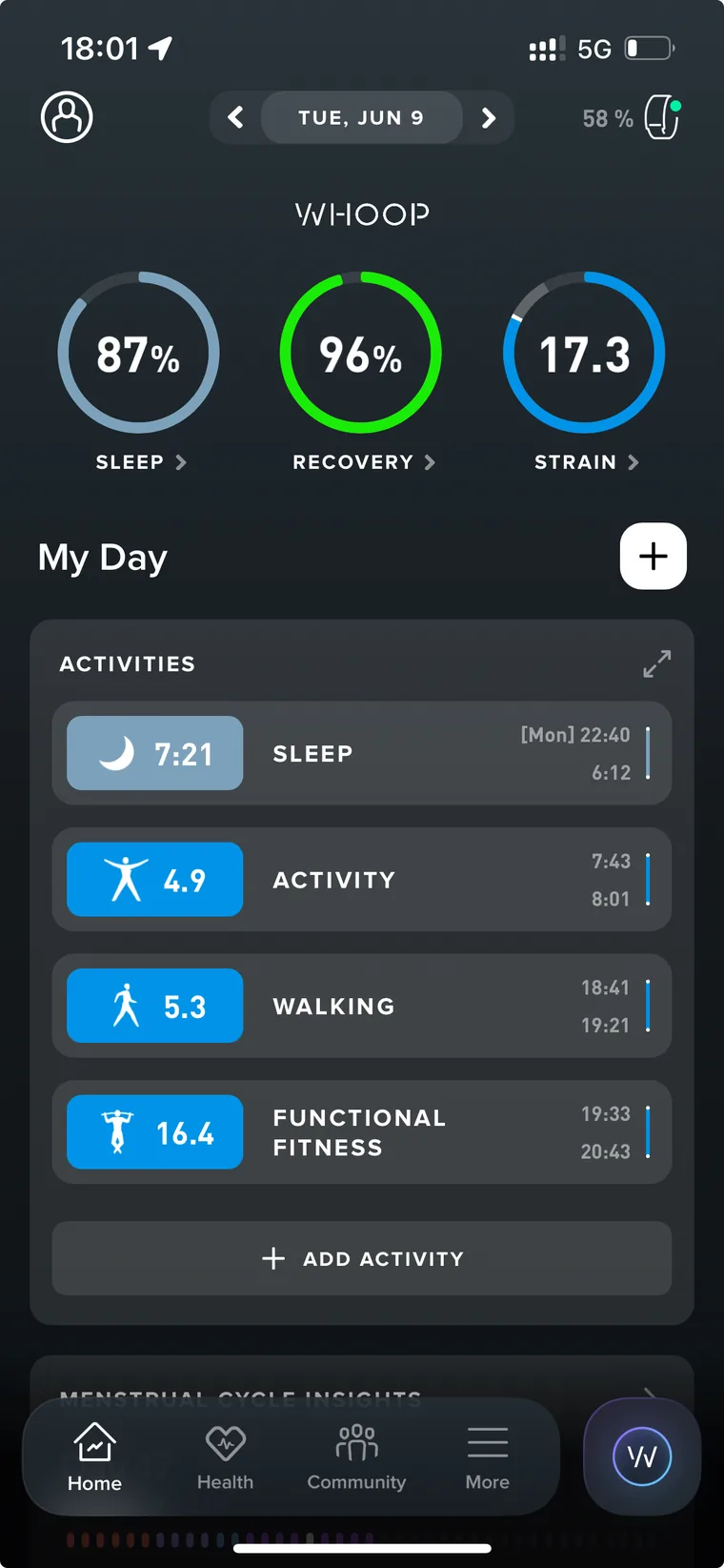 WHOOP recovery 96% on Jun 9
