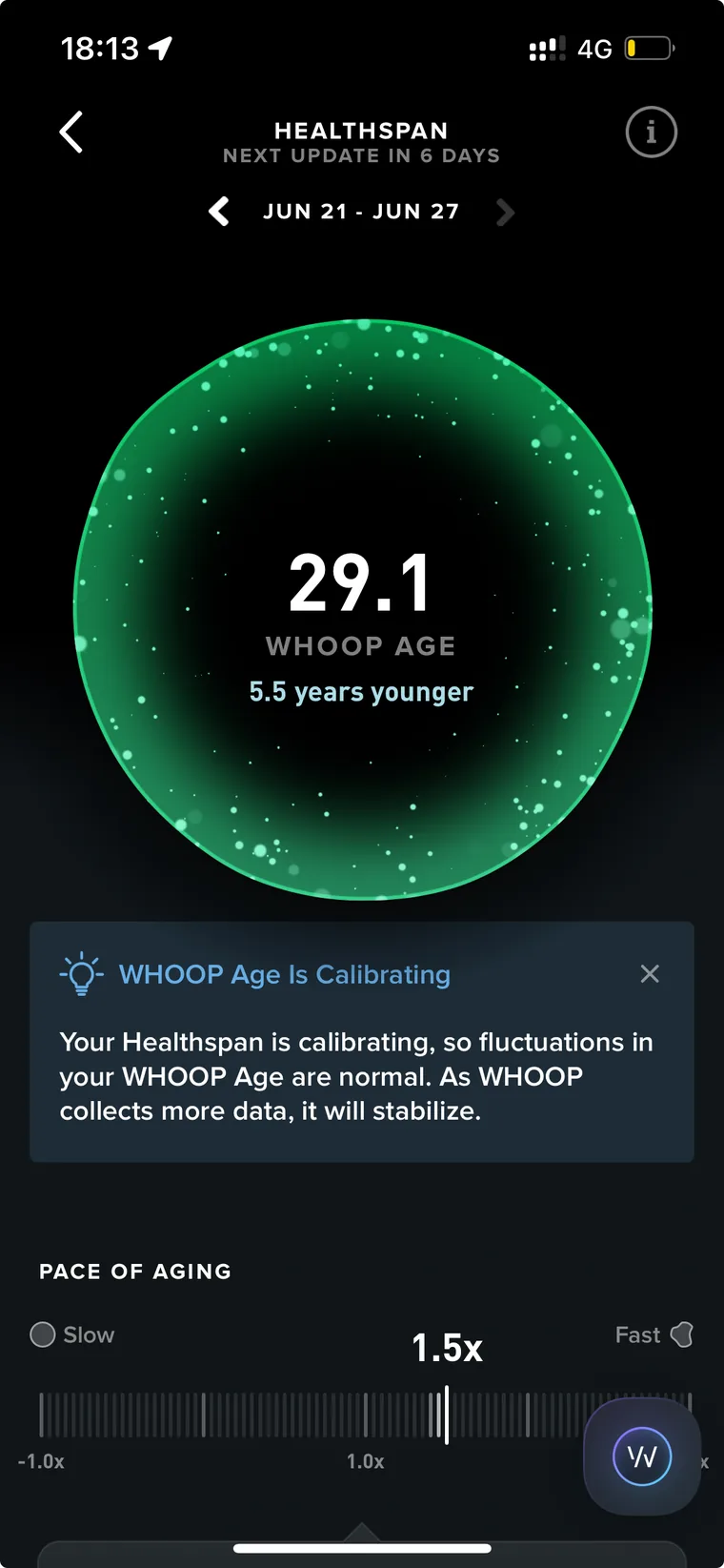 WHOOP Age pace-of-aging metric, end of window
