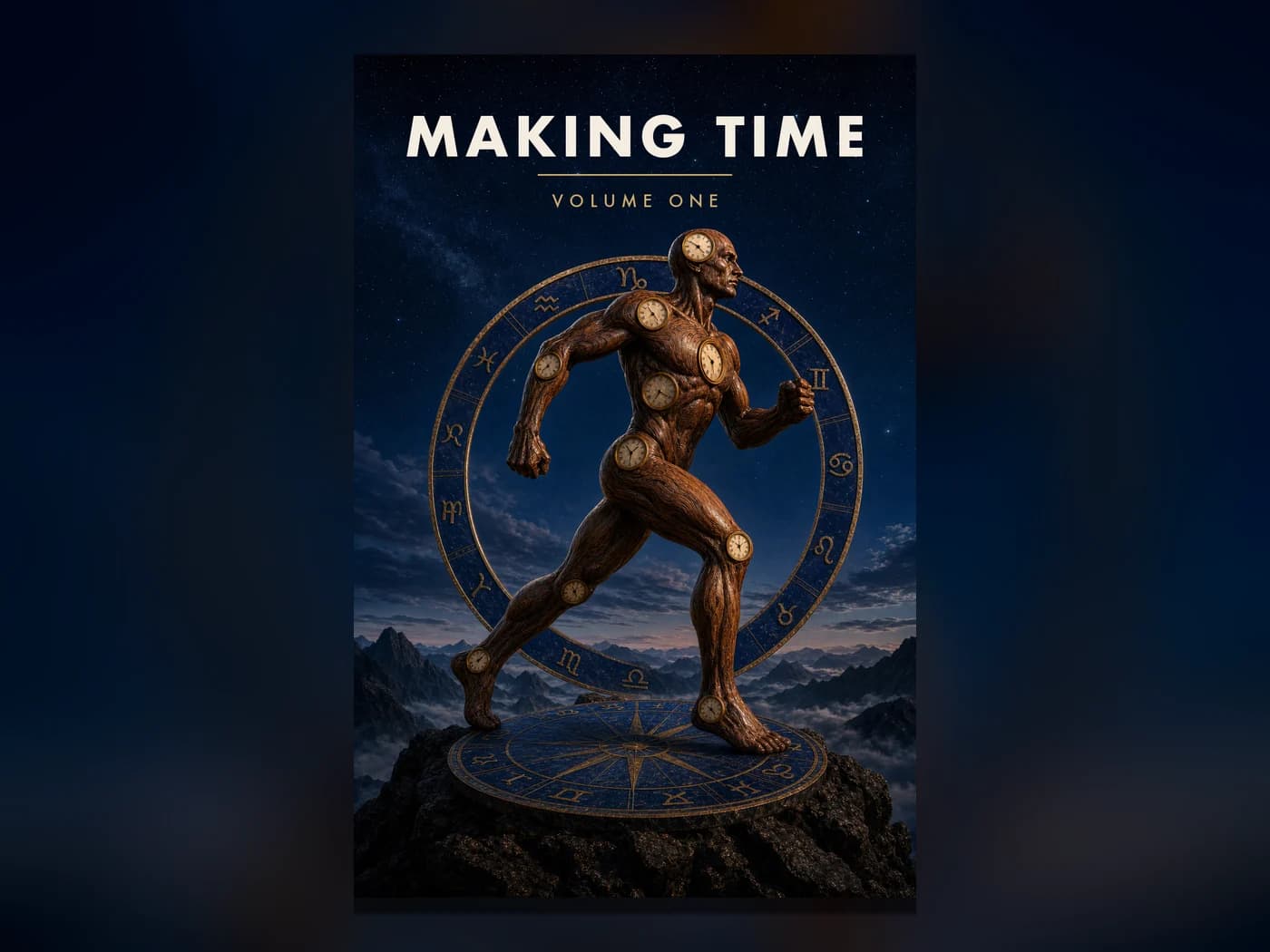 The cover of Making Time, Volume One: a carved wooden figure set with clocks striding across a zodiac wheel under a night sky
