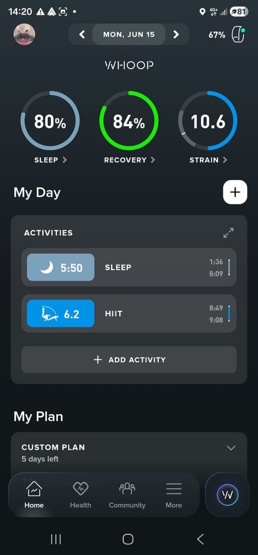 Subject A WHOOP recovery after AOI: 84%