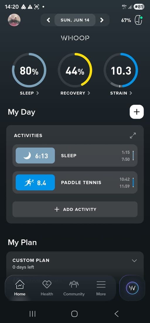 Subject A WHOOP recovery before AOI: 44%
