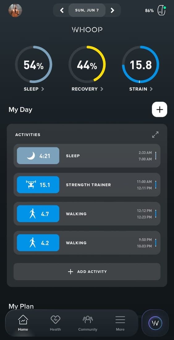 Subject C WHOOP recovery before AOI: 44%