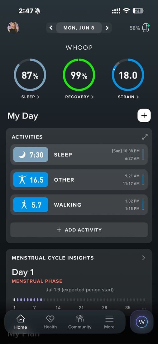 Subject D WHOOP recovery after AOI: 99%