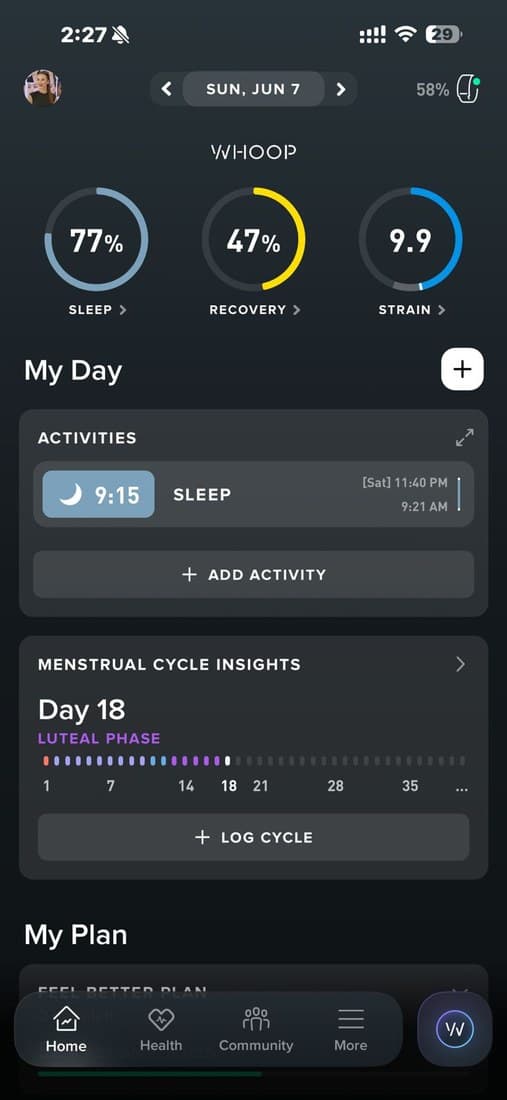 Subject D WHOOP recovery before AOI: 47%